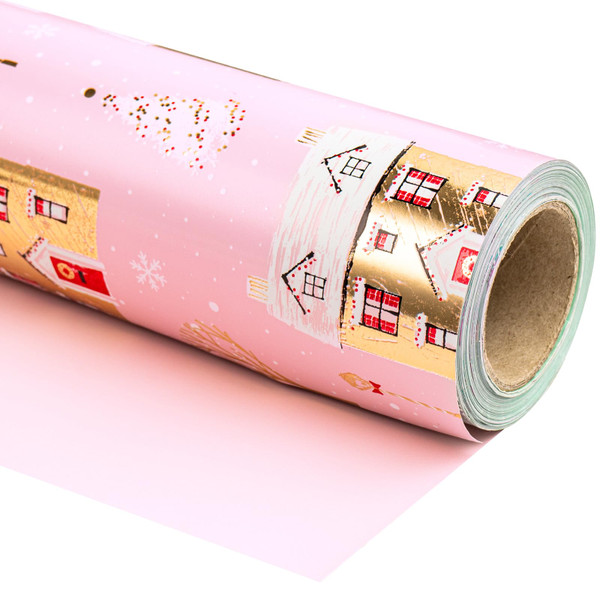 WRAPAHOLIC Reversible Christmas Wrapping Paper - Mini Roll - 17 Inch x 33 Feet - Pink House and Solid Pink Wrapping Paper with Metallic Foil Shine for Chrsitmas, Holiday, Party