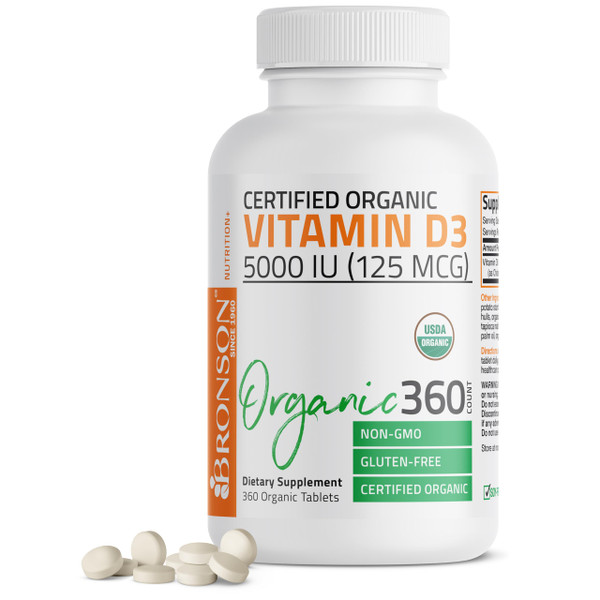 Bronson Vitamin D3 5,000 IU (125 mcg) Certified Organic High Potency Non-GMO Vitamin D Supplement, 360 Tablets Bronson Vitamin D3 5,000 IU (125 mcg) Certified Organic High Potency Non-GMO Vitamin D Supplement, 360 Tablets