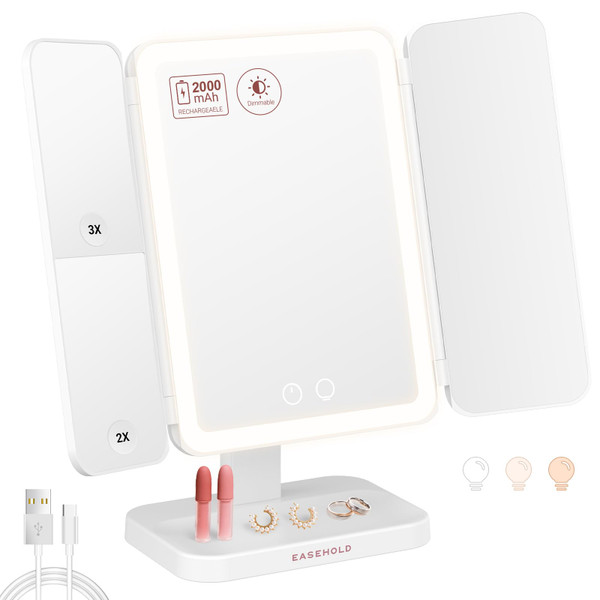 EASEHOLD Vanity Mirror with Lights, 2X 3X Magnification, Trifold, Rechargable, Touch Control - Gifts for Girls & Women