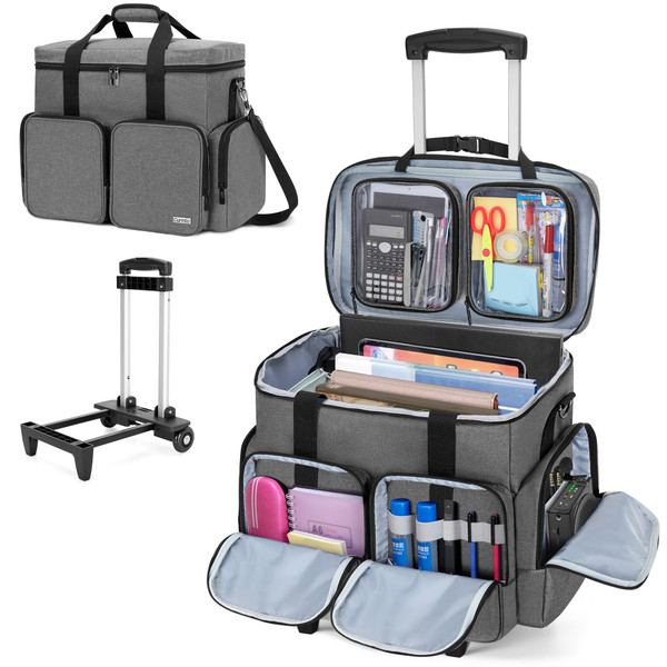 CURMIO Rolling Teacher Tote Bag with Padded Laptop Compartment for up to 15.6 Inches Laptop, Wheeled Teacher Bag for Teaching, Office, Craft, Gray