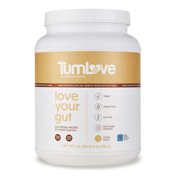 TumLove Vegan Protein Powder - Low FODMAP Certified, Gluten-Free, Dairy-Free, Soy-Free, 100% Gut-Friendly & Non-Bloating, Vanilla (25 Servings)