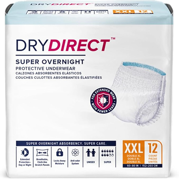 Dry Direct Super Overnight Underwear, Soft Cloth-Like Adult Diapers, Overnight Disposable Incontinence Protection - XX-Large (Pack of 12)