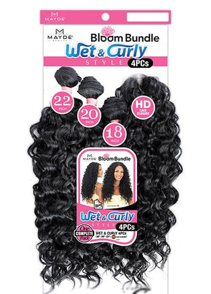 Mayde Beauty Bloom Bundle Deep Curl Weave Multipack With Closure WET & CURLY 4PCS (18"20"22"+CL) (1B)