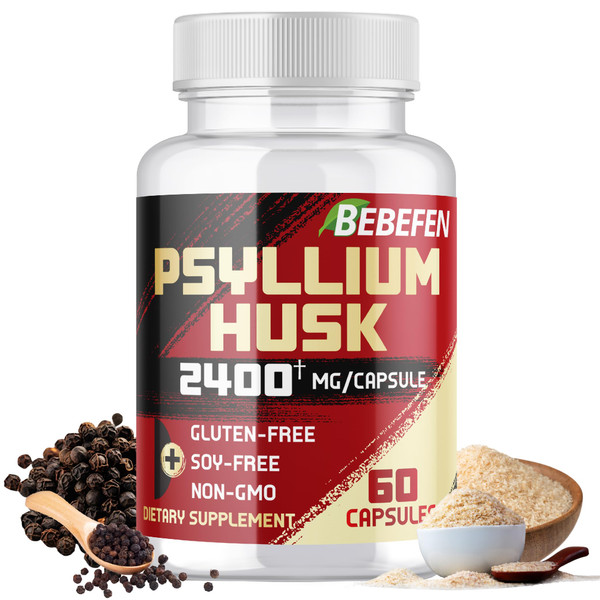 BEBEFEN Psyllium Husk Capsules 2400mg with Black Pepper - 2 Month Supply - Daily Soluble Fiber for Gut Health - Non-GMO and Gluten-Free Formula