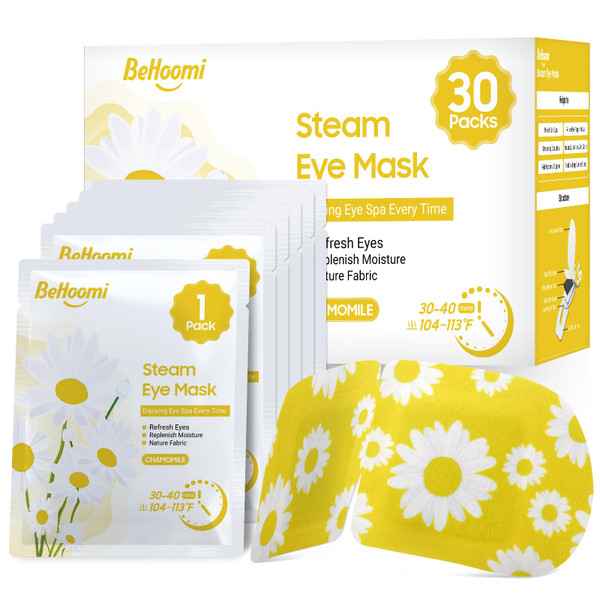 BeHoomi 30Packs Steam Eye Mask, Heated Eye Mask Warm Compress for Eyes, Self Heating Disposable Steam Mask for Home Sleep, Spa, Travel Essentials & Relaxation Gifts, Stocking Stuffers (Chamomile)