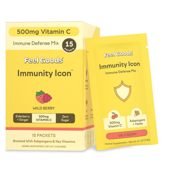 Feel Goods Immunity Icon, Vitamin C Immune Support Powder Packets - 500mg Vitamin C, Elderberry, Ginger, Turmeric & Key Vitamins for Daily Immune Health - Sugar-Free & Caffeine-Free Drink Mix Packets