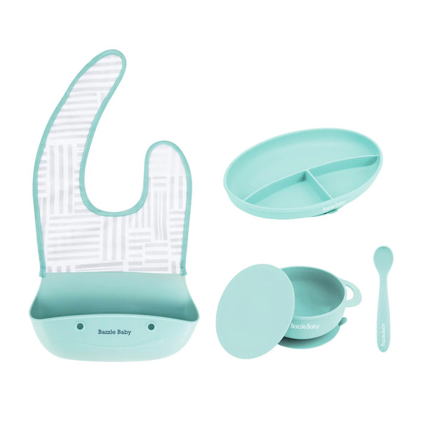Bazzle Baby Silicone Baby Feeding Set – Baby Led Weaning Supplies with Suction Plate, Bowl with Lid, Bib & Spoon – Baby Feeding Essentials for 6-12 Months, Baby Plates and Utensils Set (Blue)