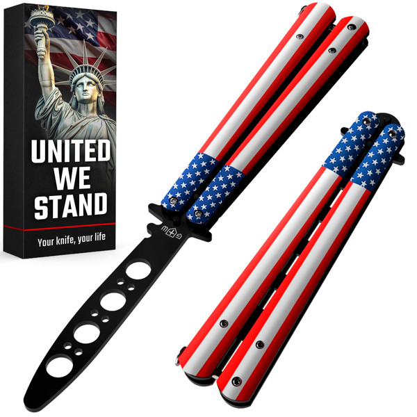 Butterfly Knife - Balisong Trainer - American Practice Butterfly Trainer with Sure Spring Latch - Balisong Knives NOT Real NOT Sharp Blade - Full Stainless Steel Fake Dull Trick CSGO K14 U-N
