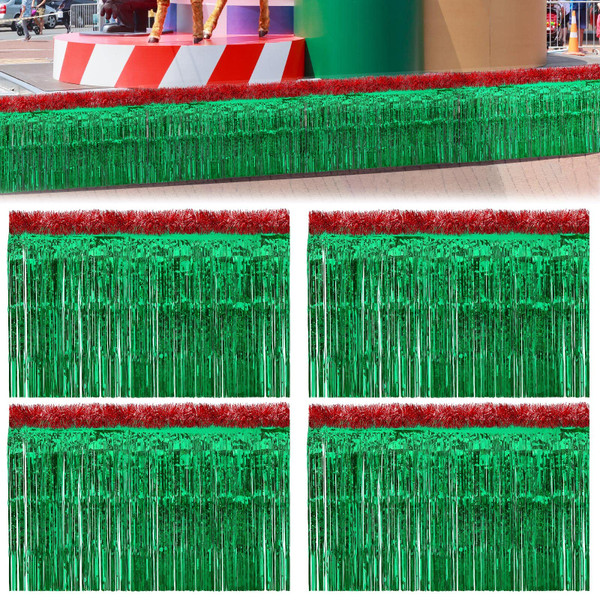 Crowye 10 Pcs Christmas Parade Float Decoration Kit Include 9.02 x 2.46 ft Foil Fringe Table Skirt 78.8 x 3.55 in Metallic Tinsel Garland for Trailer Car Xmas Float Supplies Decor (Green with Red)