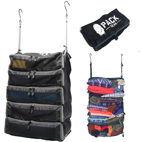 Pack Gear Hanging Suitcase Organizer - Our XL Hanging Luggage Organizer Perfectly Fits Any Suitcase - Our Packing Cubes For Travel Use Mesh Windows to Make Finding Any Outfit Easy (Black, XL)
