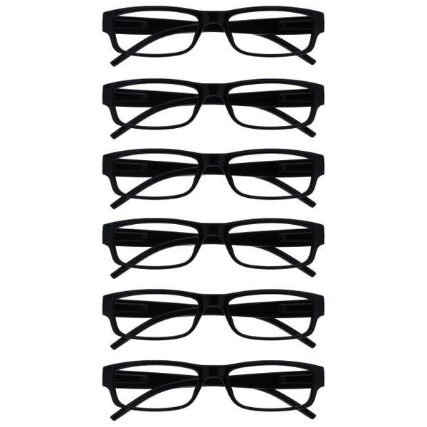 OPULIZE ACE Reading Glasses for Women Men, Lightweight Comfortable Narrow Rectangular Frame with Spring Hinges, Scratch Resistant, Black +1.50 (Pack of 6)
