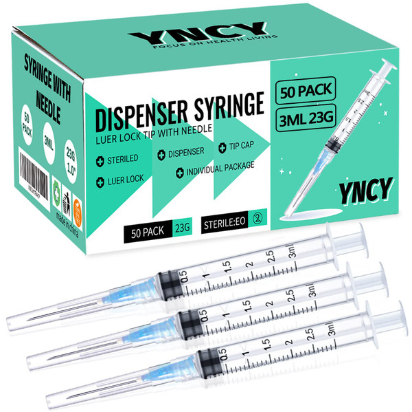 50 Pack 3ml Disposable Syringe with Needle 23Ga 1.0 Inch, Luer Lock Syringes, Individual Sterilized Wrapped