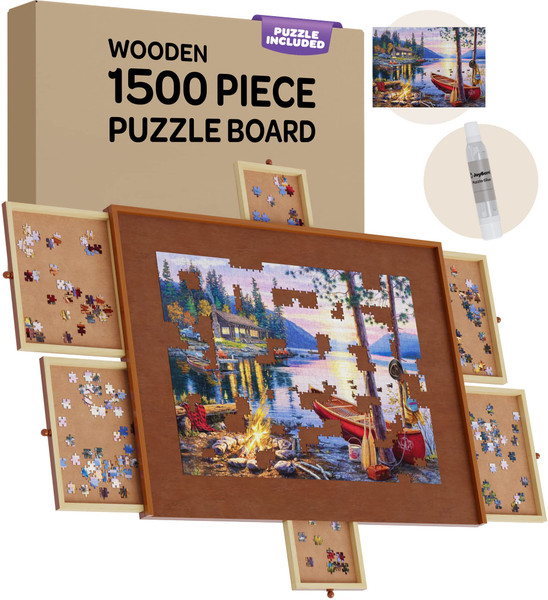 JoyBerri Jigsaw Puzzle Board - with Free Puzzle / 1500 Piece Jigsaw Puzzle Table for Adults/Portable Wooden Puzzle Table Organizer and Puzzle Board with Drawers