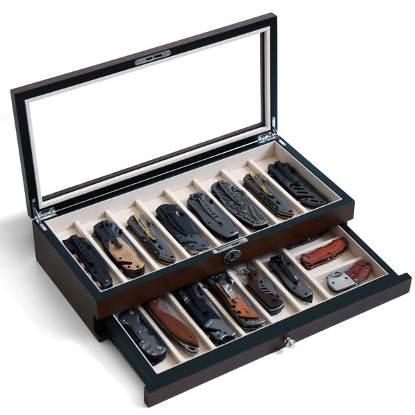 Bonaking Knife Display Case Two-Tier Pocket Knife Case Box Storage for 15-17 Pocket Knives Pocket Knife Collection Case Organizer for Men Gift with Walnut Finish and Glass Window