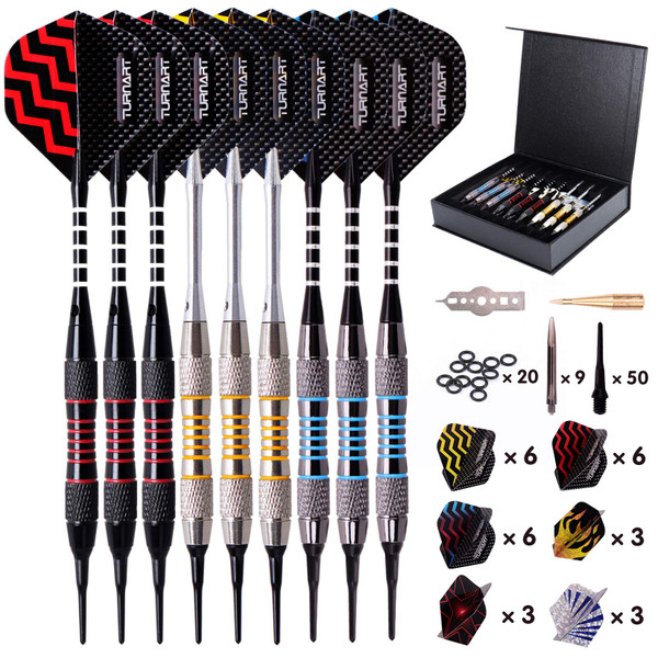 Turnart Darts Plastic Tip - Professional Soft Tip Darts Set for Electronic Dartboard 9 Pcs 18 Grams with 50 Extra Tips 9 Shafts 27 Flights Tool Kit Flight Protectors and Gift Darts Case (Tungsten)