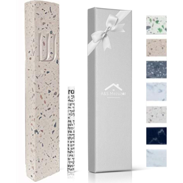 A&S Mezuzot A&S Modern Stone Mezuzah Case Design, Mezuza Cover for Scroll Protection, Easy Peel and Stick Houswarming Gift and Home Blessing (Terrazzo Beige, 6 Inches)