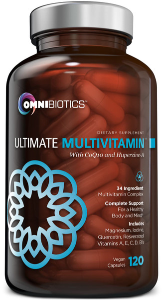 OmniBiotics Ultimate Daily Multivitamin for Women & Men – 34 Essential Ingredients Including Vitamin A, C, D, E, B6, B12, Biotin, Zinc – 120 Vegan Capsules