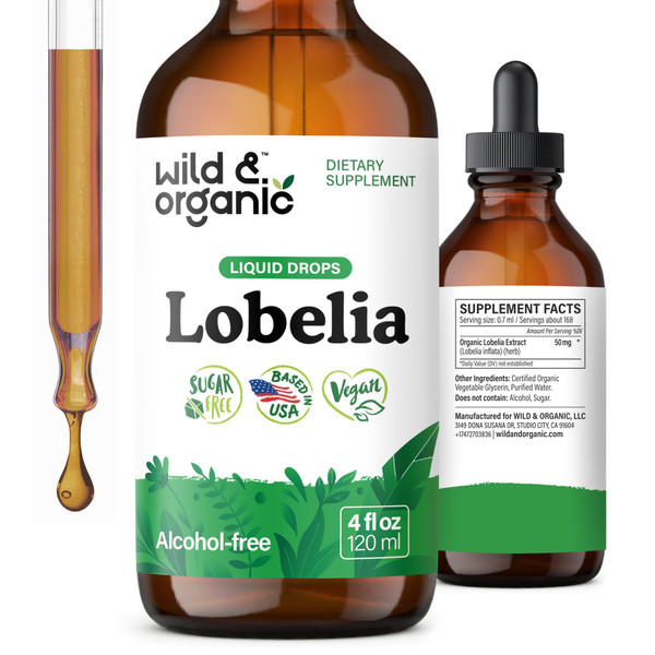 Wild & Organic Lobelia Tincture - Lung Detox and Cleanse - Liquid Lobelia Herb Supplement - Vegan, Sugar & Alcohol-Free Leaf Extract Drops - 4 fl oz
