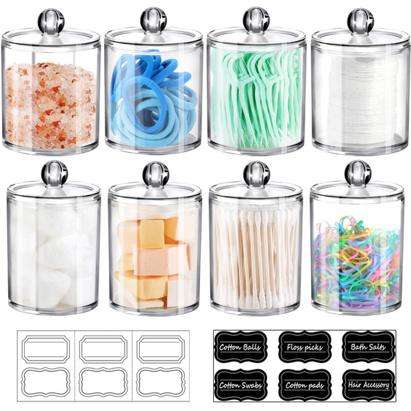SheeChung 8 Pack Clear Acrylic Apothecary Jars with Labels,(4) 12oz & (4) 10oz Qtip Holder Set,Shatterproof Bathroom Vanity Organizer for Cotton Swabs,Balls,Pads,Bathroom Essentials,Minimalist Decor