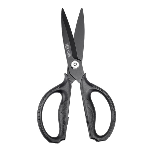 MITSUMOTO SAKARI Japanese Kitchen Scissors, All Purpose, Black Titanium Plated Heavy Duty, Multipurpose Cooking and Herb Scissors with Micro Serrated Edge