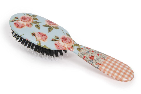 Rock & Ruddle Natural Mixed Boar Bristle Hair Brush for Women and Kids (Small 6.9") - Perfect for Wet or Dry Hair, Detangling Smoothing Blowdrying - Designed & Made in UK - Pink Gingham