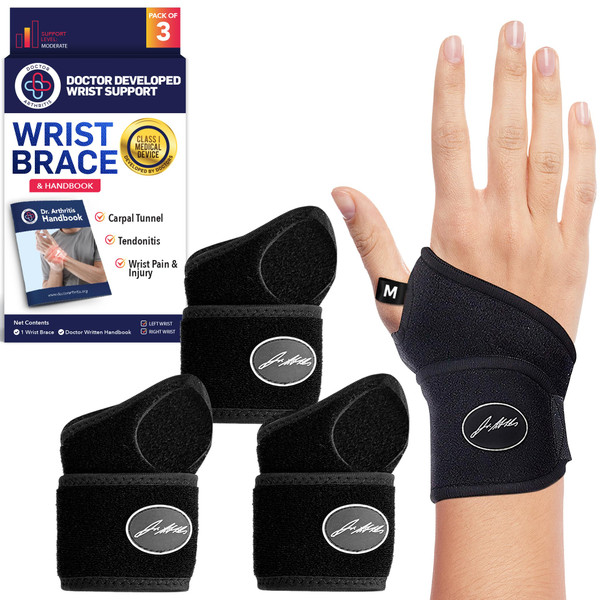 Doctor Developed Wrist Brace, Wrist Wraps for Carpal Tunnel Arthritis, Tendonitis, Hand Support, Ideal for Fitness, Weightlifting - Handbook Included (Bundle- Pack of 3- Medium)