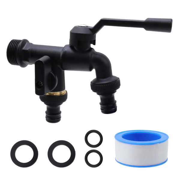 Antrader Black Double Outdoor Faucet,3/4 inch Pure Copper Outside Tap Garden Water Faucet Replacement,2 Way Wall Mounted Brass Water Tap with Independent Handle for Lawns,Balcony,1Pcs