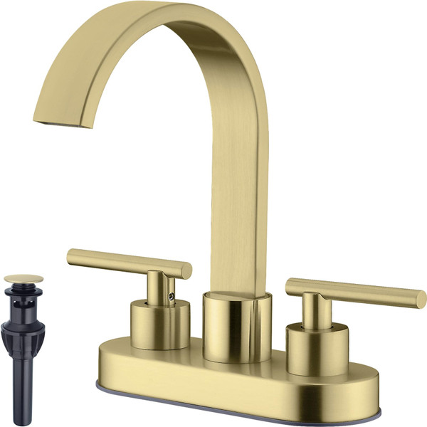 TRUSTMI 4" Centerset Bathroom Faucet, Brushed Gold - High-Flow Waterfall Spout for Deep Sinks, 360° Swivel, 2 or 3 Hole Deck Mount, Includes Drain & Supply Lines