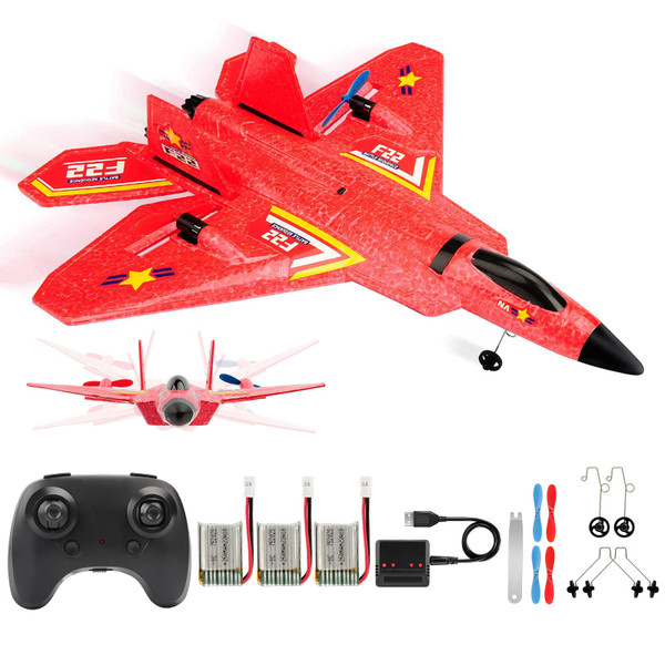ANTSIR Remote Control Plane F-22 Raptor, 2.4GHz Durable Foam Rc Airplane with Smart Gyro/LED Lights/3 Rechargeable Batteries, RC Jet Glider Toy Gift for Kids Boys Girls 8-16 Year Old (Red)