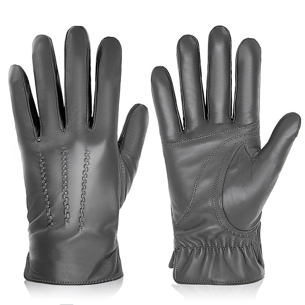 BISON DENIM Winter Genuine Sheepskin Leather Gloves for Men, Touchscreen Texting Warm Cashmere Lined Gloves for Driving (Grey,X-Large)