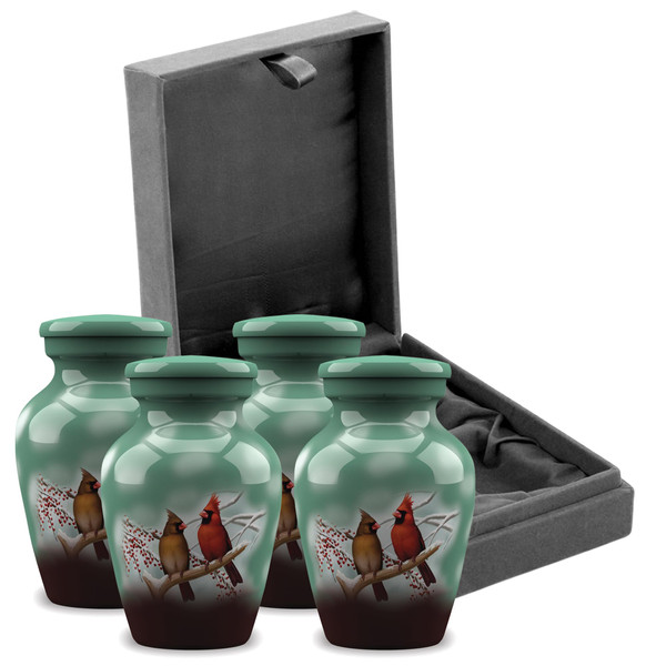 FOREVER URNS Mini Cremation Funeral Urn with Printed Cardinal Birds Theme for Human Ashes of Female & Male | 3 cu in | Set of 4 | Small | Multicolor | Completely Handcrafted with Velvet Protection Box