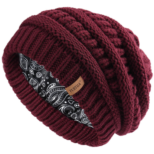 FURTALK Winter Beanie Hat for Women Satin Lined Cable Knit Chunky Slouchy Beanies Skull Warm Cap Aged Brick One Size