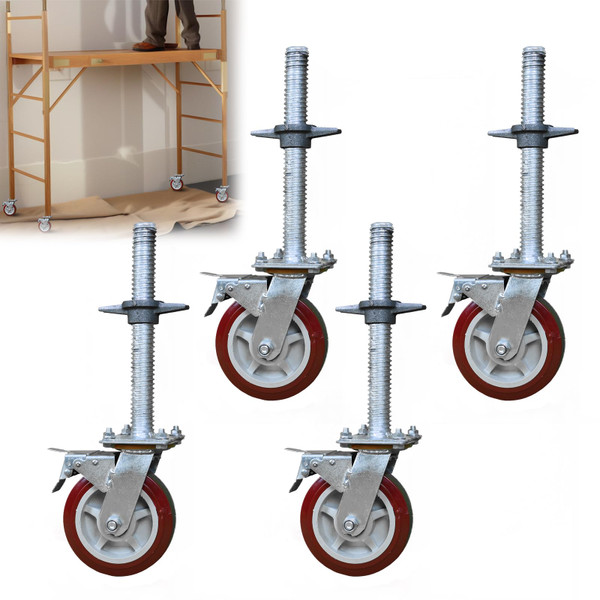 BBTEQEKN Adjustable Leveling Scaffolding Wheels Set,6"-Scaffolding Casters,1-1-1/4" OD Scaffold Screw,Scaffolding Screw Jacks,Scaffold Leveling Jack,Locking Stem Casters with Brake（4 PCS）