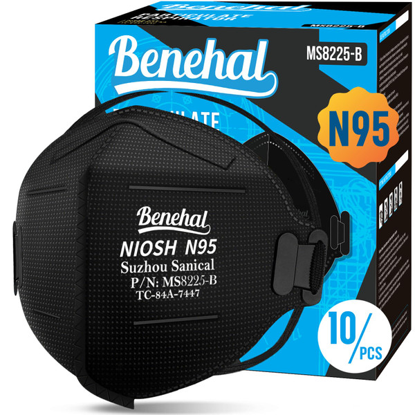 benehal NIOSH Approved N95 Mask Particulate Respirators, Pack of 10 N95 Face Masks, Individually Wrapped, Black