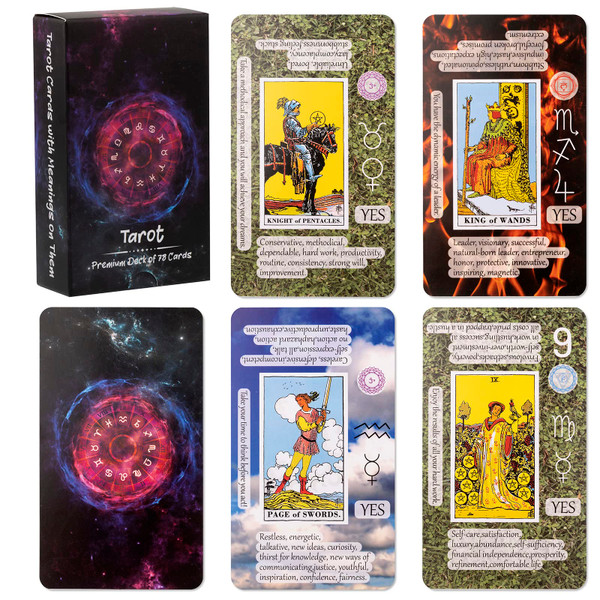 Prophet Tarot Cards with Meanings on Them, Learning Tarot Cards Set for Beginner, Deck Fortune Telling Game, Keywords, Chakra, Planet, Zodiac, Element, Yes or No, Affirmations