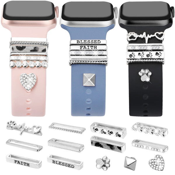 JR.DM 13 Pieces Sliver Watch Band Charms with 10-Pcs Decorative Rings Loops & 3-Pcs Decoration, Compatible with Apple Watch Band Metal Diamond Sliding Accessories for iWatch Series 9 8 7 6 5 4 3 2 1