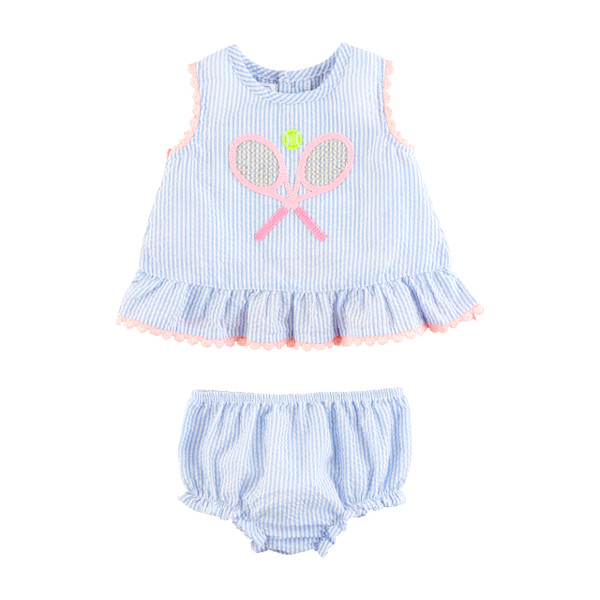 Mud Pie Baby Girls Tennis Seersucker Pinafore Set, 9-12M