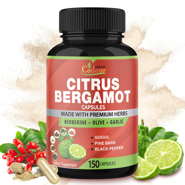 Cadane Citrus Bergamot Supplement Capsules with Berberine, Olive, Guggul, Garlic, Pine Bark, Black Pepper - 150 Caps for 5 Months Supply