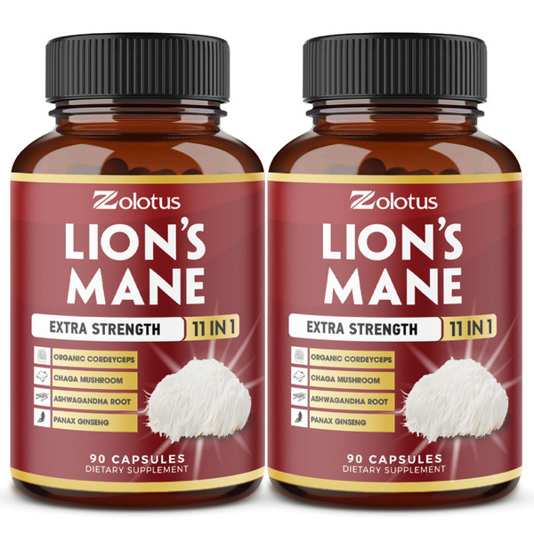 Zolotus 2 Packs 90 Capsules Lions Mane Mushroom Supplement, 6 Month Supply with Cordeyceps, Reishi, Ashwagandha, Focus, Memory and Brain Support Supplement, Immune Support, Energy Pills