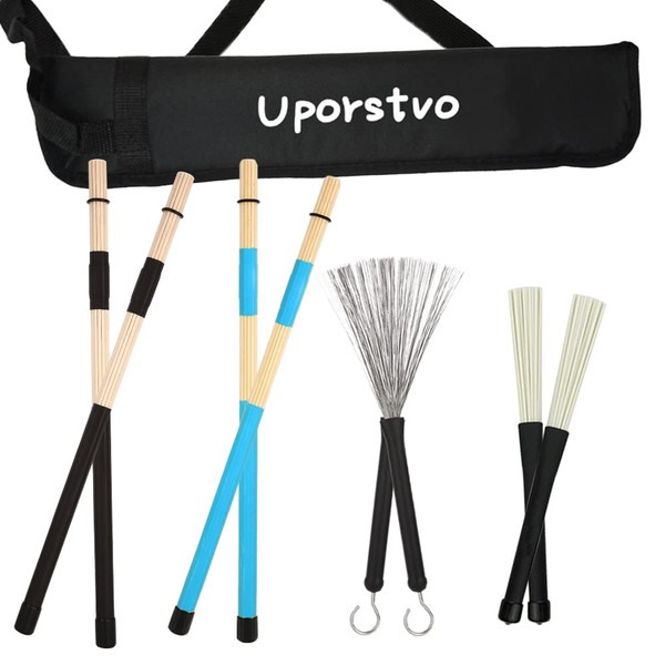 Drum brush Kit,1pair Cahon Metal Wire Brushes and 1pair Jazz Nylon Brushes,1pair Percussion Bamboo Tie Rods,1pair Birch Multi-Rod Bundle Sticks,with Black Drumstick Bag,hold up to 4Pairs of Drumsticks