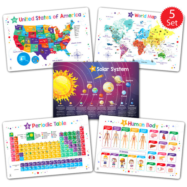 Simply Magic Discovery Set of 5 Educational Placemats for Kids - Kids Placemats Non Slip for Dining Table, Wipeable Reusable Plastic Learning Place Mats: USA, World Map, Periodic Table, Solar System
