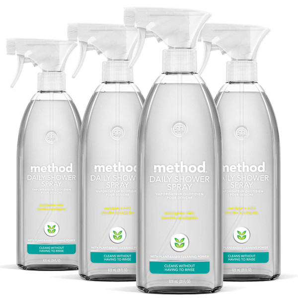 Method Daily Shower Cleaner Spray, & Spray and Walk Away, Eucalyptus Mint Scent, 28 Fl Oz, (Pack of 4), Packaging May Vary