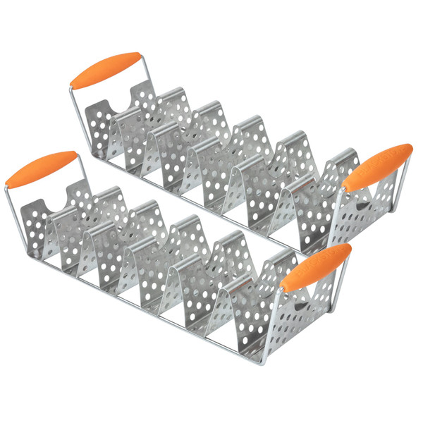 BLACKSTONE 5173 Deluxe Holder Stand Pack of 2 Stainless Steel Racks with Heat Resistant Handles-One Tray Holds 6 Tacos-Dishwasher Safe, Orange/Silver