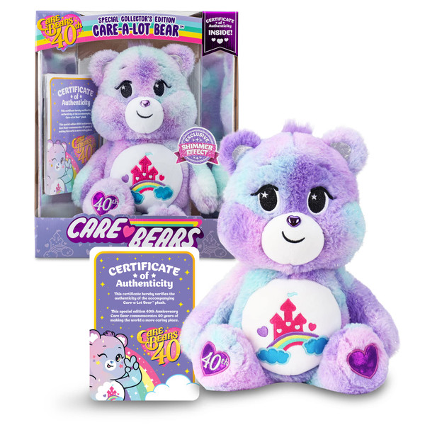 Care Bears Care-a-Lot Bear - 40th Anniversary - Purple Plushie for Ages 4+ – Stuffed Animal, Super Soft and Cuddly – Good for Girls and Boys, Employees, Collectors, Great Valentines Day Gift for Kids