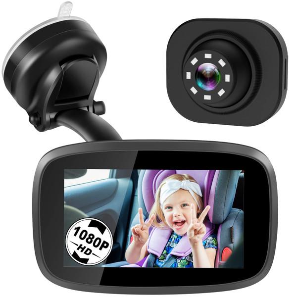 1080P Baby Car Mirror, Shybaby 4.3" Baby Car Camera Monitor with 170° Wide View, HD Night Vision Function and Reusable Sucker Bracket, Safety Rear Facing Cars Set Camera for Infants Kids Toddlers