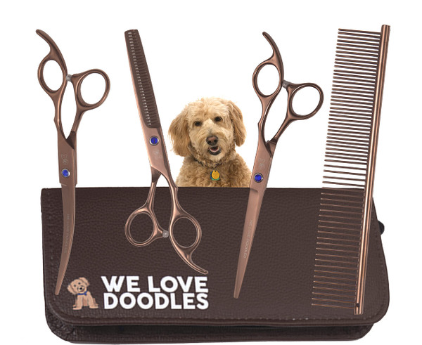 Dog Grooming Scissors Kit - Best Tools for Goldendoodles & Poodles - Straight, Curved & Thinning Shears - Professional Grade Stainless Steel, 4 Pc Set [We Love Doodles]