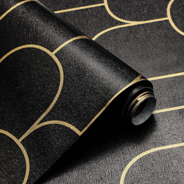 Yasinet Black and Gold Wallpaper Black Geometric Contact Paper Modern Stripe Removable Self Adhesive Wall Paper Decorative for Wall Bedroom Vinyl Film 17.3”x197”