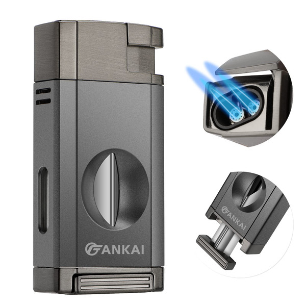 FANKAI Torch Lighter with Cigar V Cutter, Double Jet Flame Refillable Butane 2 in 1 Windproof Lighters for Smoking with Gift Box (Butane Not Included)