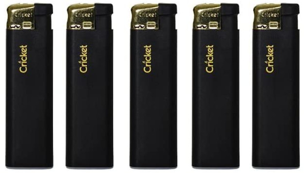 Cricket Lighters Electronic 5 Pack Original Size Black Matte Gold Cap Made in Holland