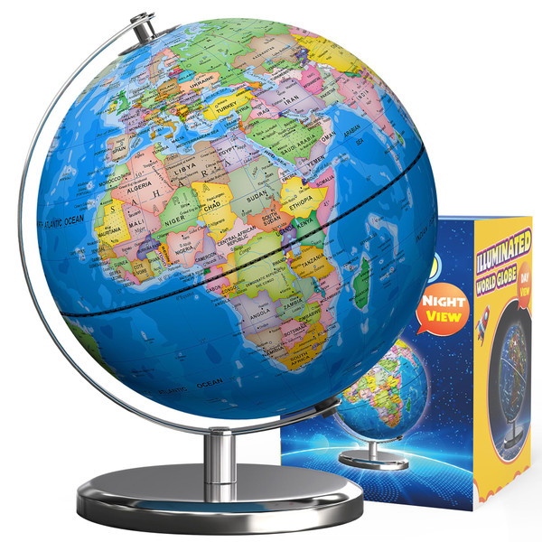 Waldauge Illuminated World Globe with Stand, 9" Earth Globes with Stable Heavy Metal Base for Kids Classroom Learning, LED Constellation Globe Night Light with HD Printed Map